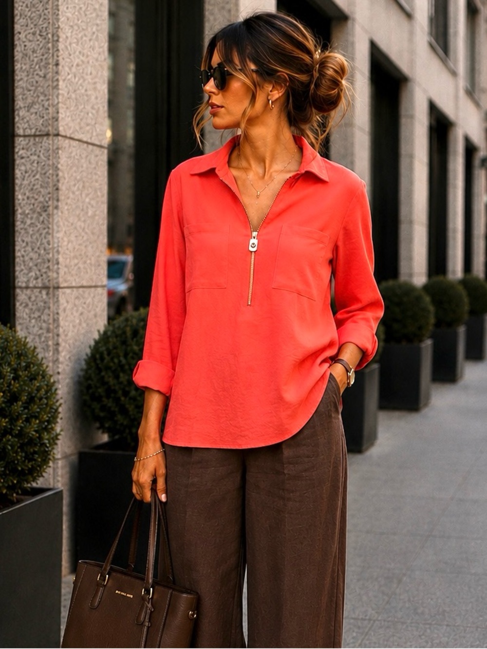 Michael Kors Coral Half-Zip Button-Down Shirt